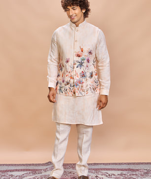 Peach Floral Linen Jacket Kurta Set for Men