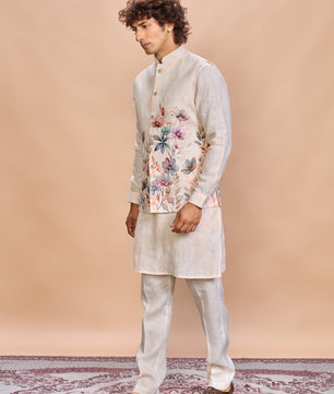 Peach Floral Linen Jacket Kurta Set for Men