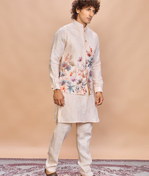 Peach Floral Linen Jacket Kurta Set for Men