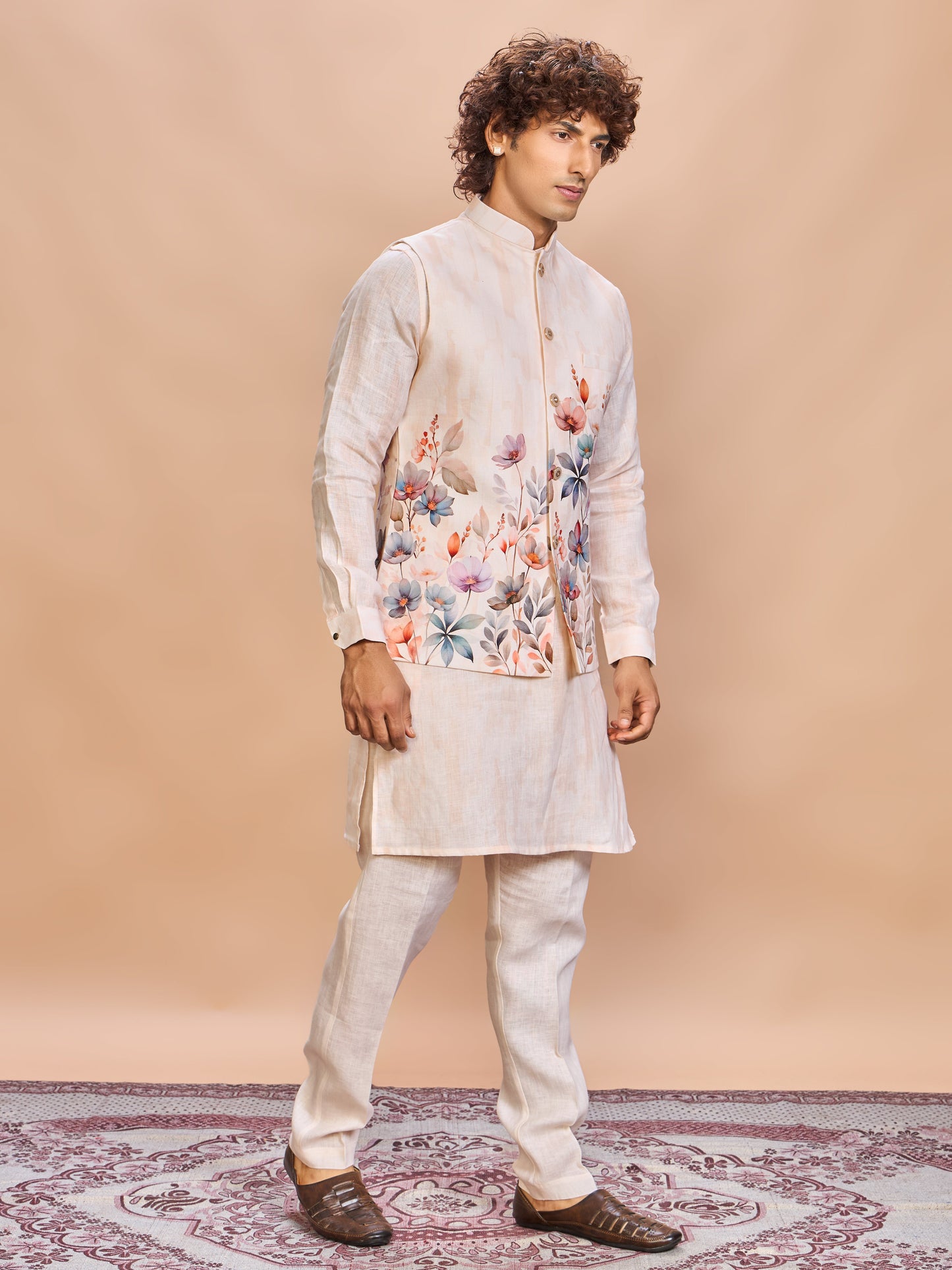 Peach Floral Linen Jacket Kurta Set for Men