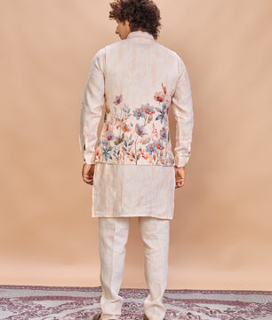 Peach Floral Linen Jacket Kurta Set for Men