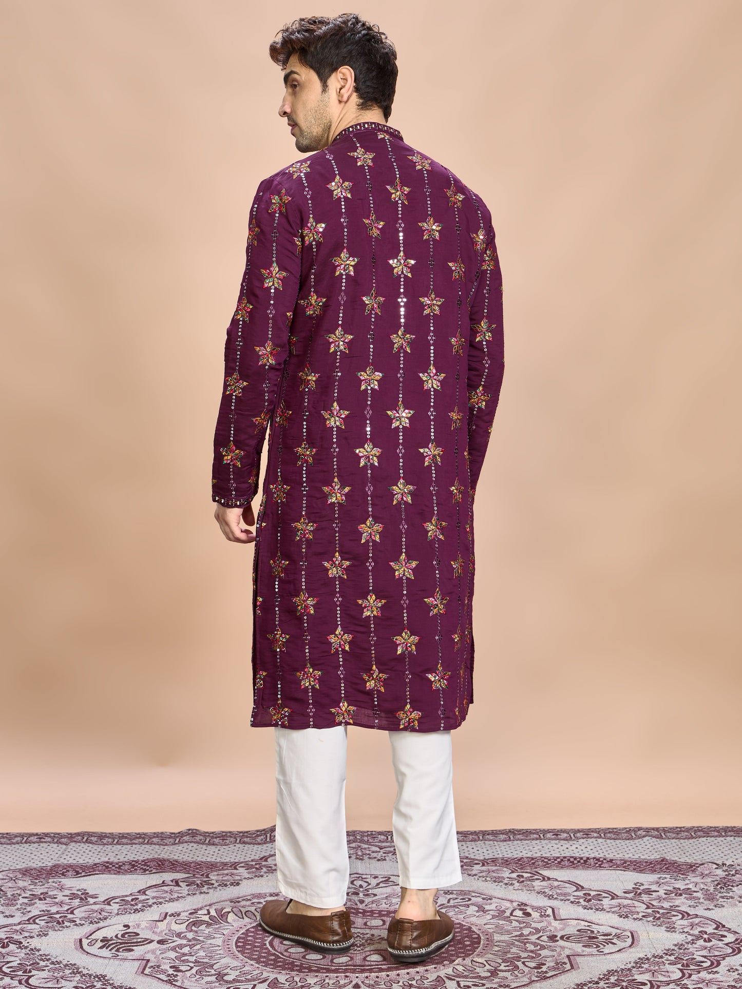 Wine Silk Embroidered Kurta Set