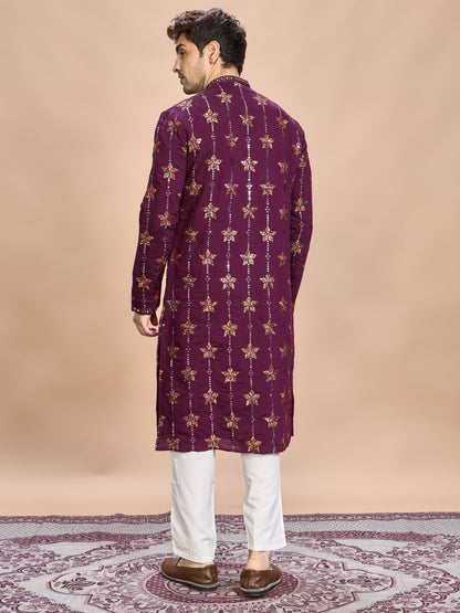Wine Silk Embroidered Kurta Set