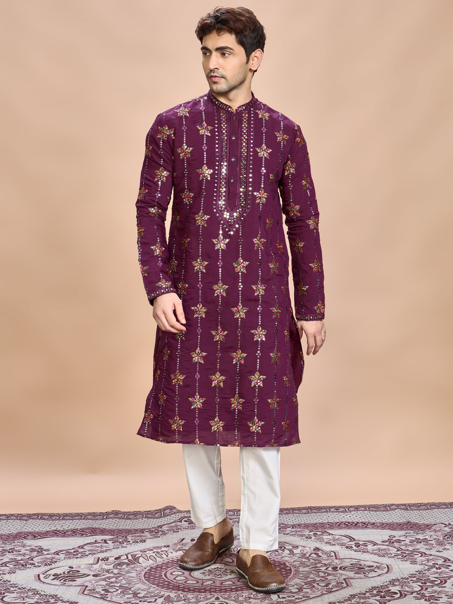 Wine Silk Embroidered Kurta Set