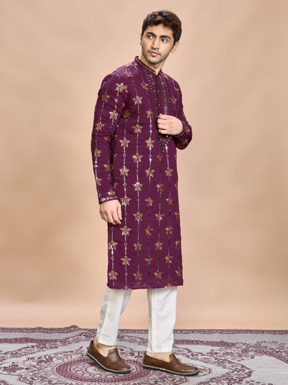 Wine Silk Embroidered Kurta Set