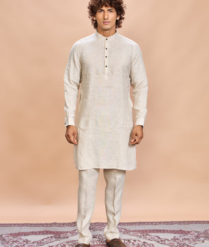 Grey Printed Linen Jacket Kurta Set for Men