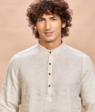 Grey Printed Linen Jacket Kurta Set for Men