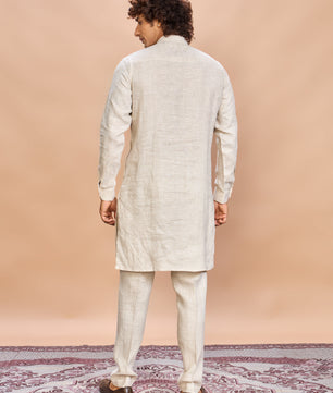 Grey Printed Linen Jacket Kurta Set for Men