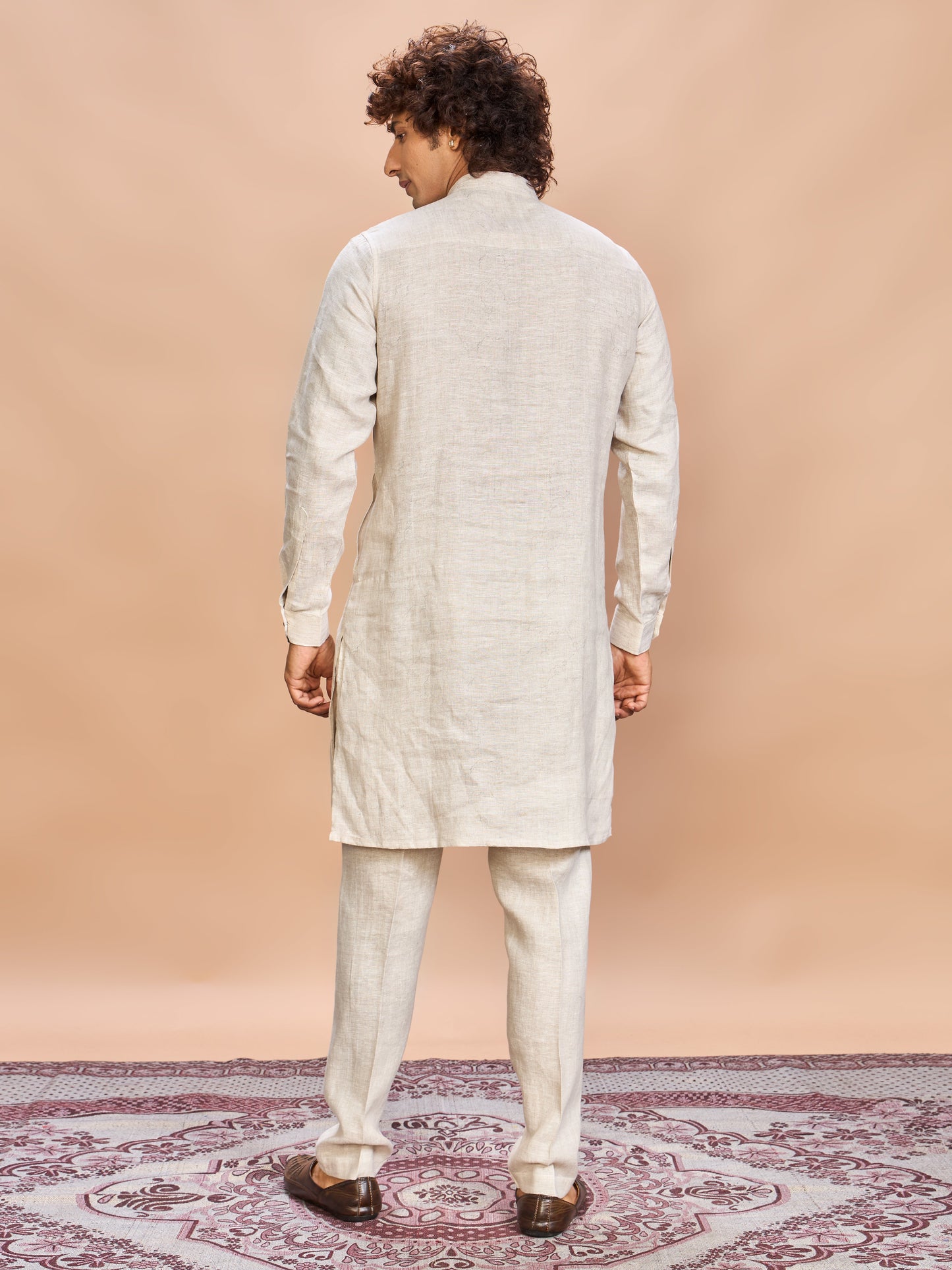 Grey Printed Linen Jacket Kurta Set for Men