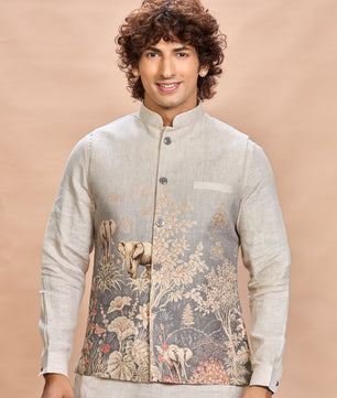 Grey Printed Linen Jacket Kurta Set for Men