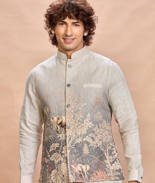 Grey Printed Linen Jacket Kurta Set for Men