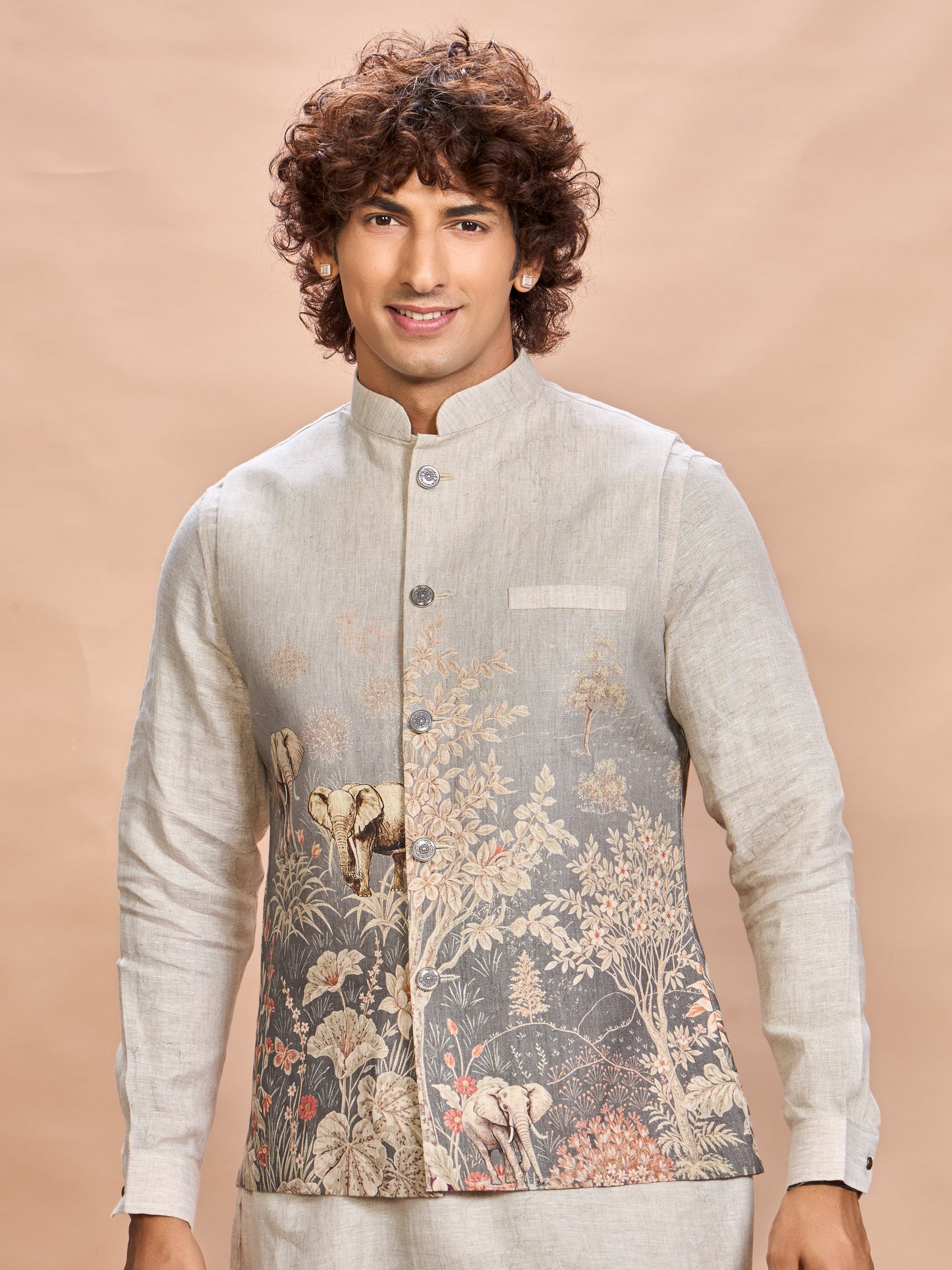 Grey Printed Linen Jacket Kurta Set for Men