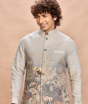 Grey Printed Linen Jacket Kurta Set for Men