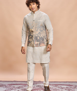 Grey Printed Linen Jacket Kurta Set for Men