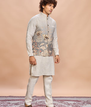 Grey Printed Linen Jacket Kurta Set for Men