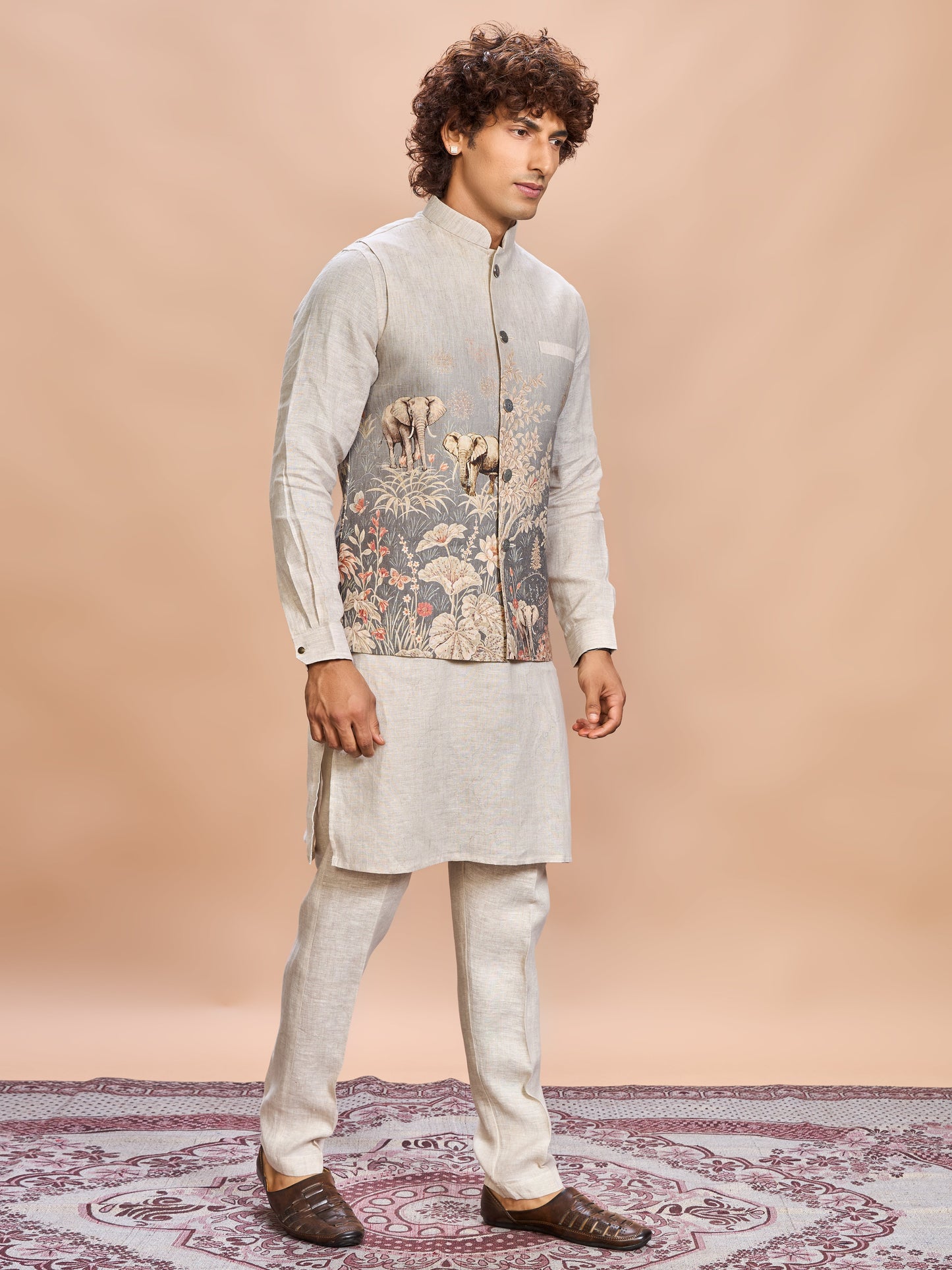 Grey Printed Linen Jacket Kurta Set for Men