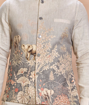 Grey Printed Linen Jacket Kurta Set for Men
