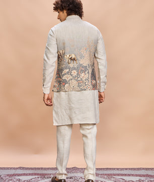 Grey Printed Linen Jacket Kurta Set for Men