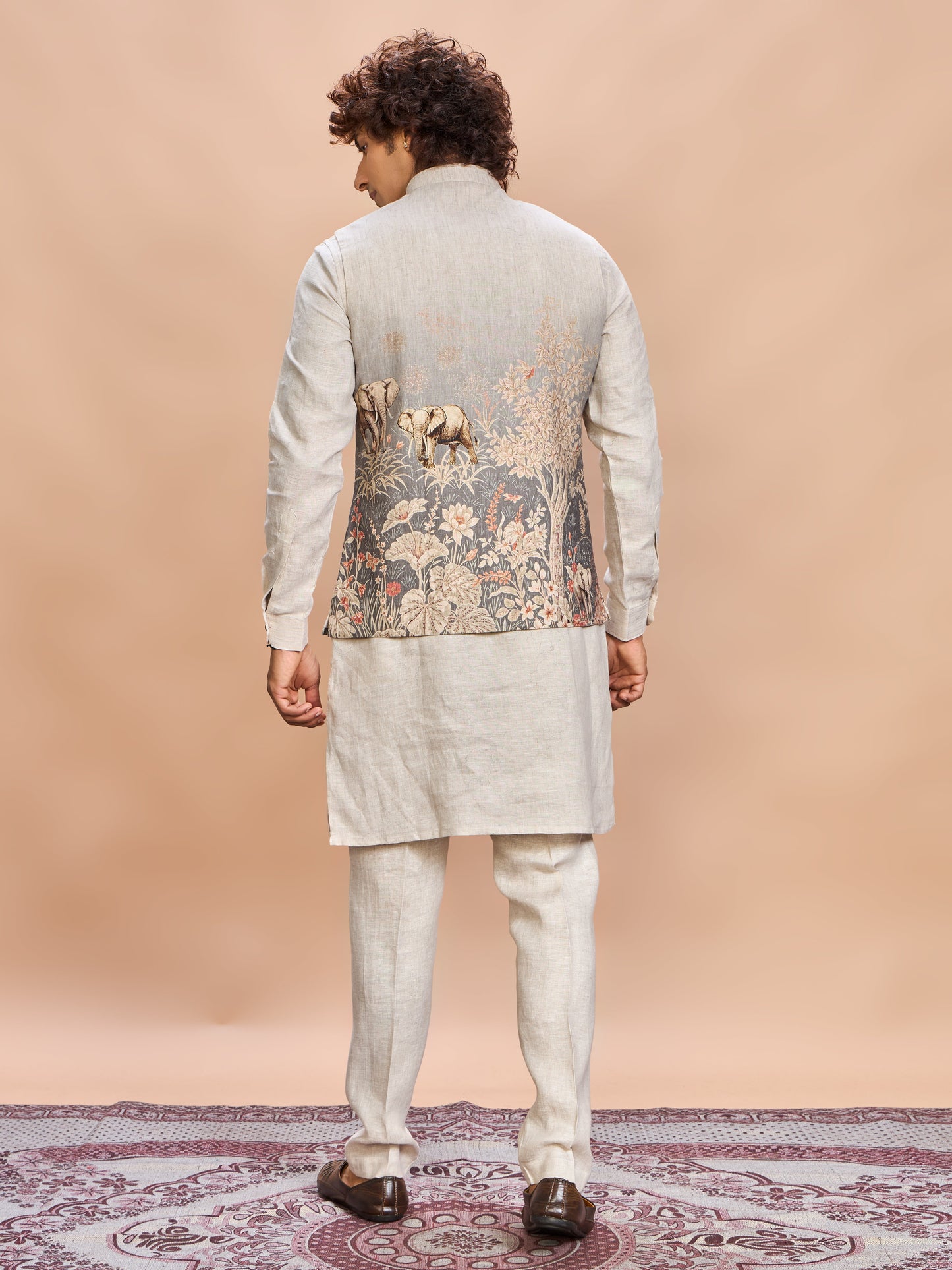 Grey Printed Linen Jacket Kurta Set for Men