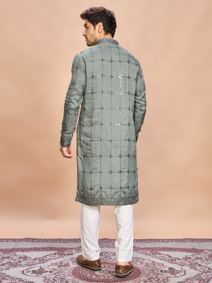 Green Silk Embroidered Kurta Set