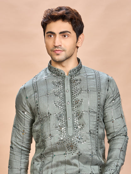 Green Silk Embroidered Kurta Set
