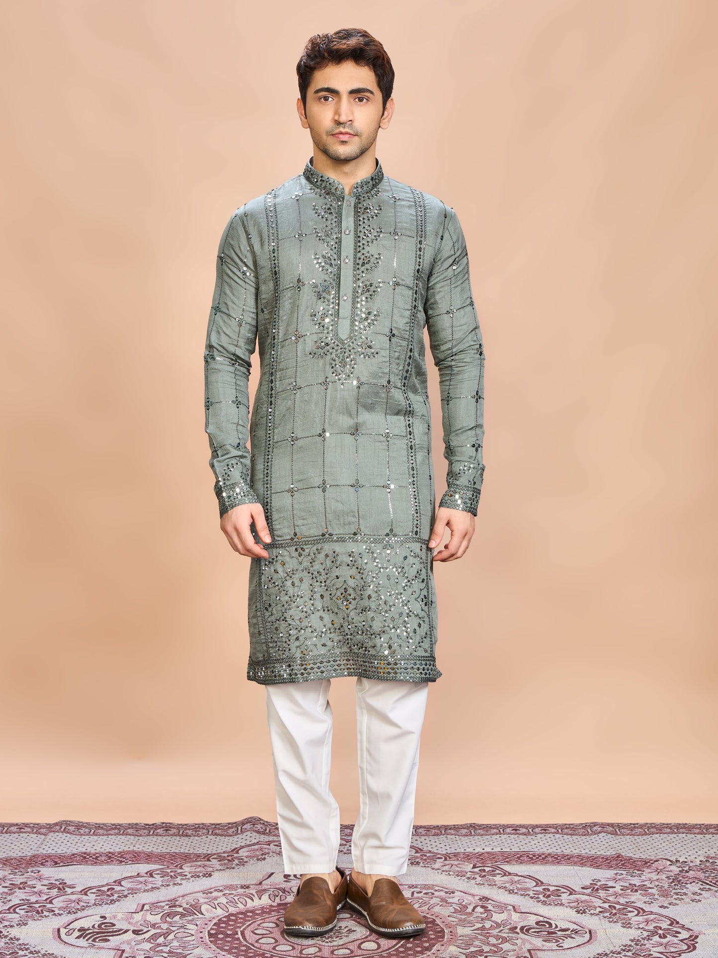 Green Silk Embroidered Kurta Set
