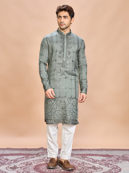 Green Silk Embroidered Kurta Set
