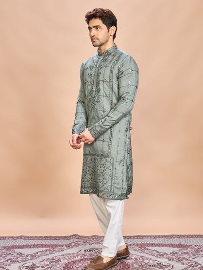 Green Silk Embroidered Kurta Set