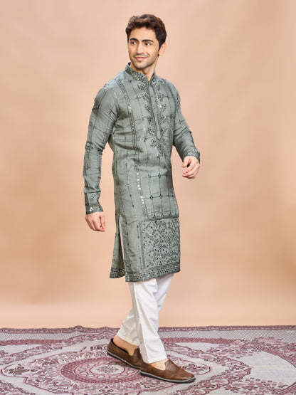 Green Silk Embroidered Kurta Set
