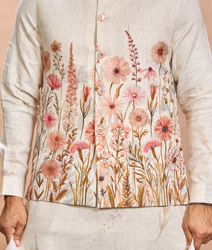 Floral Pink Linen Jacket Kurta Set for Me