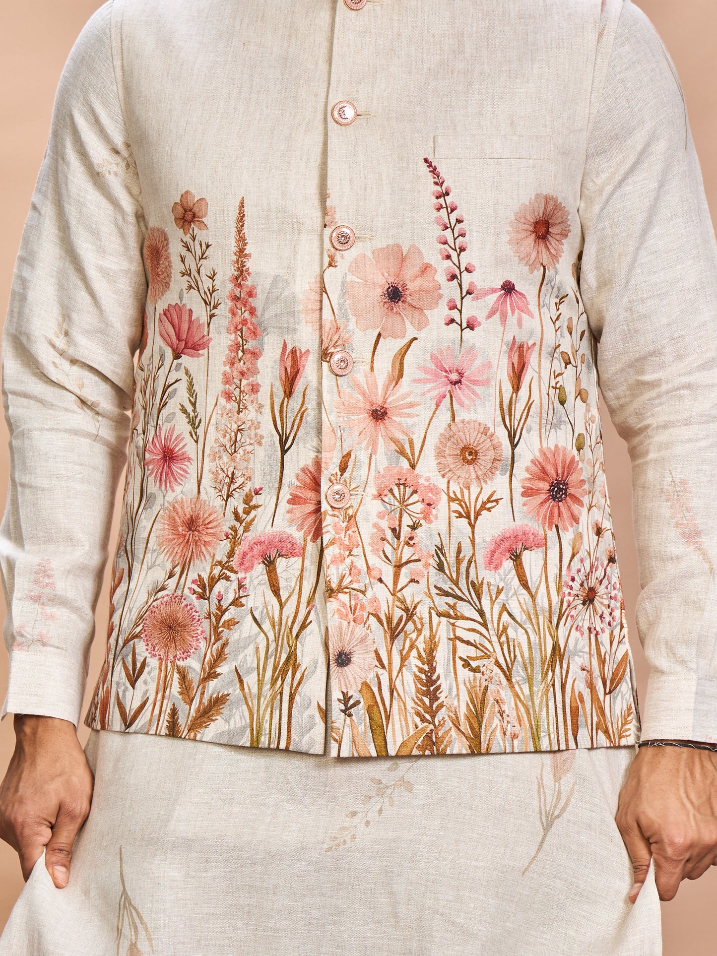 Floral Pink Linen Jacket Kurta Set for Me