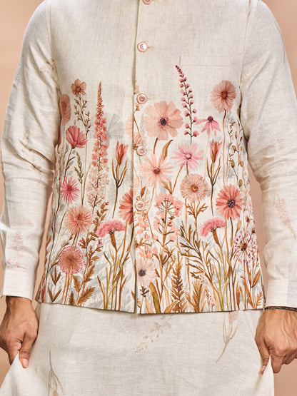 Floral Pink Linen Jacket Kurta Set for Me