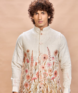 Floral Pink Linen Jacket Kurta Set for Me