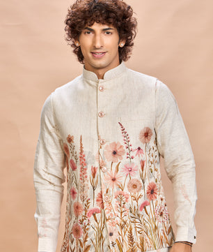 Floral Pink Linen Jacket Kurta Set for Me
