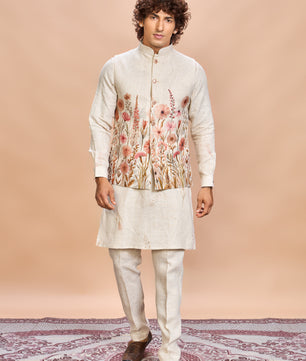 Floral Pink Linen Jacket Kurta Set for Me