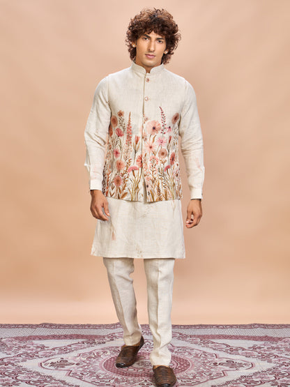 Floral Pink Linen Jacket Kurta Set for Me