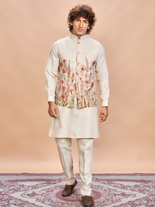 Floral Pink Linen Jacket Kurta Set for Me
