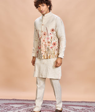 Floral Pink Linen Jacket Kurta Set for Me