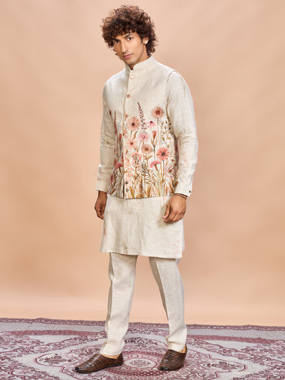 Floral Pink Linen Jacket Kurta Set for Me