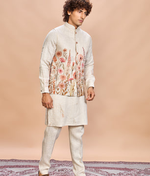 Floral Pink Linen Jacket Kurta Set for Me
