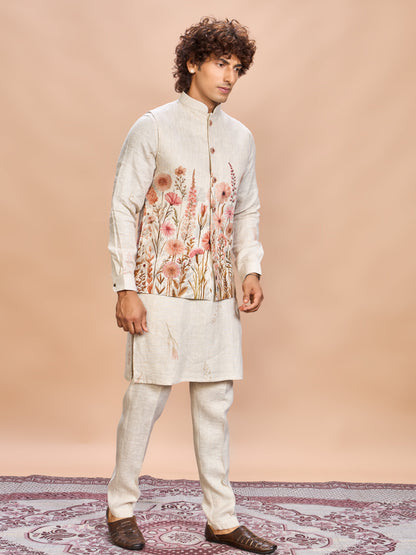 Floral Pink Linen Jacket Kurta Set for Me