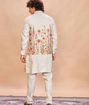 Floral Pink Linen Jacket Kurta Set for Me