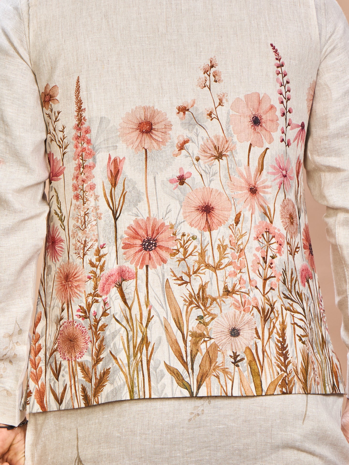 Floral Pink Linen Jacket Kurta Set for Me