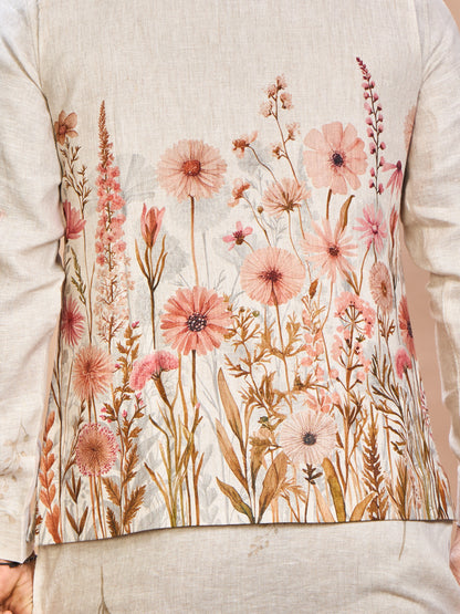 Floral Pink Linen Jacket Kurta Set for Me