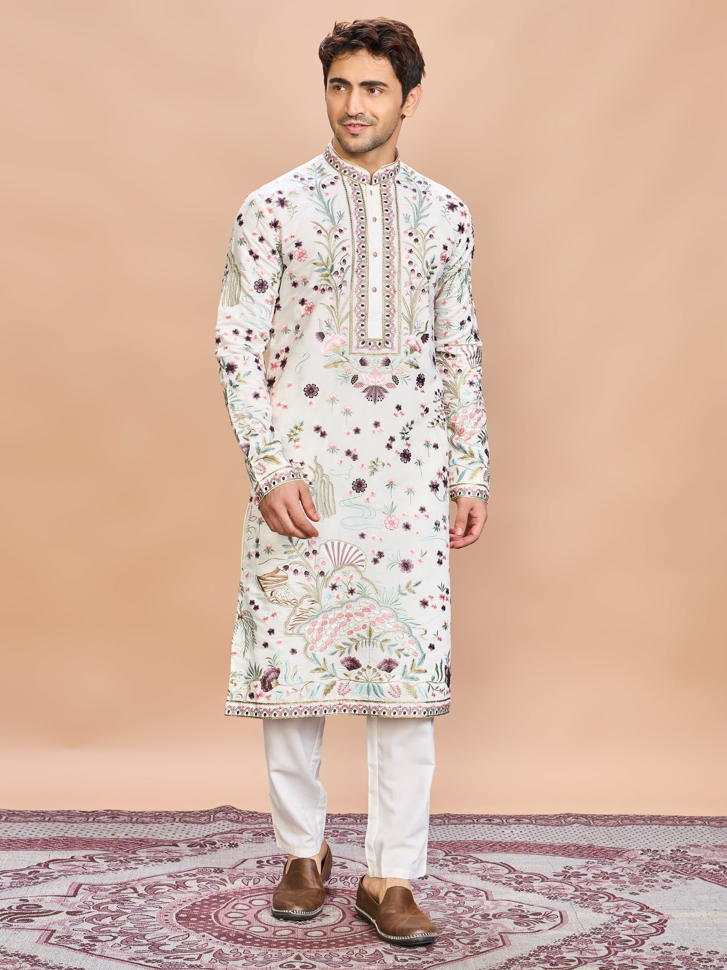 Cream Silk Embroidered Kurta Set