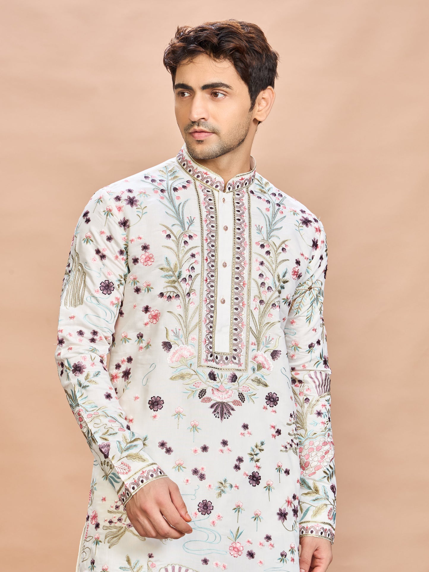 Cream Silk Embroidered Kurta Set