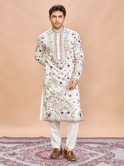 Cream Silk Embroidered Kurta Set