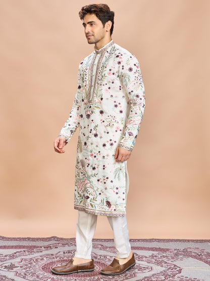 Cream Silk Embroidered Kurta Set