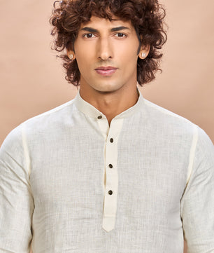 Luxury Cream Embroidered Linen Jacket Kurta Set for Men