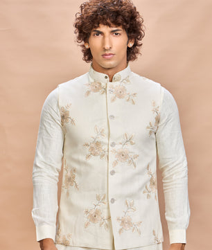 Luxury Cream Embroidered Linen Jacket Kurta Set for Men